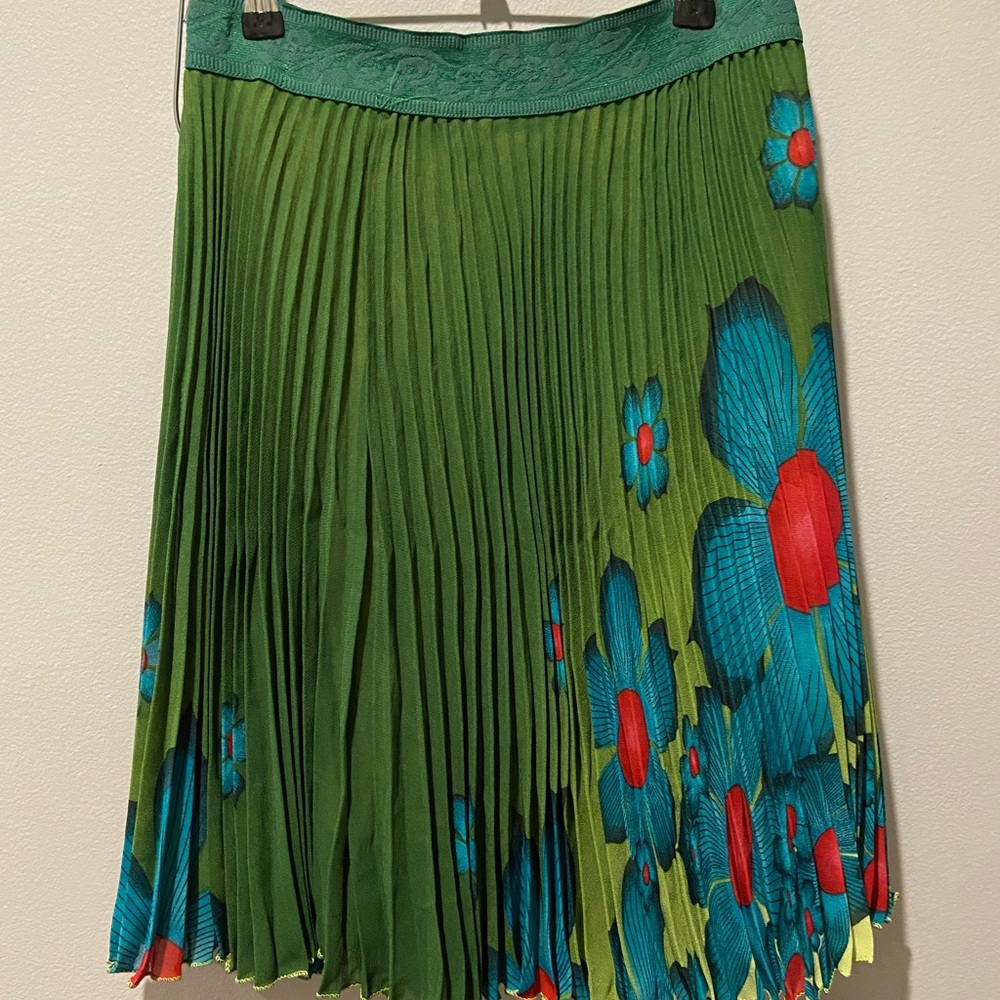 T-C Fashion Cactus Green Nature Floral Pleated Short Summer Skirt VINTAGE